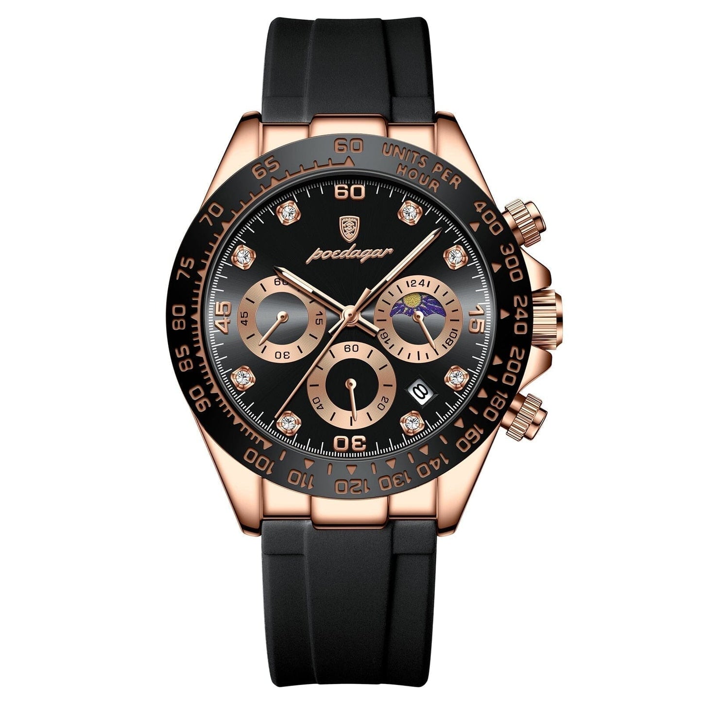 Watch Poedagar Chronograph Fase Date Relogio 04 Belleza & Glamour Rose Gold Black