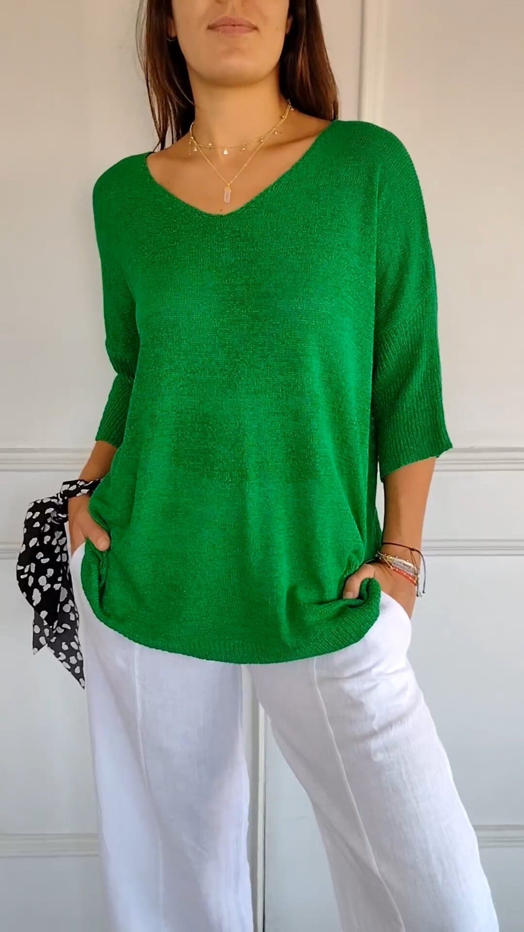 "AuraLuxe V-Neck Knit Top" Belleza & Glamour Green XS (UK 6) 