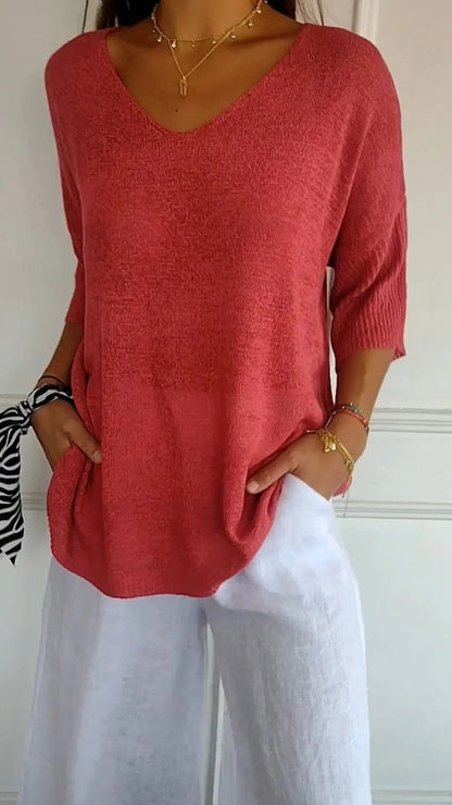 "AuraLuxe V-Neck Knit Top" Belleza & Glamour Red XS (UK 6) 