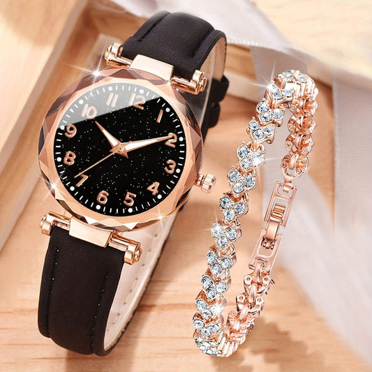 Casual Elegance Set - Quartz Watch with PU Leather Strap and Bracelet Belleza & Glamour Black + Rose Love Bracelet 
