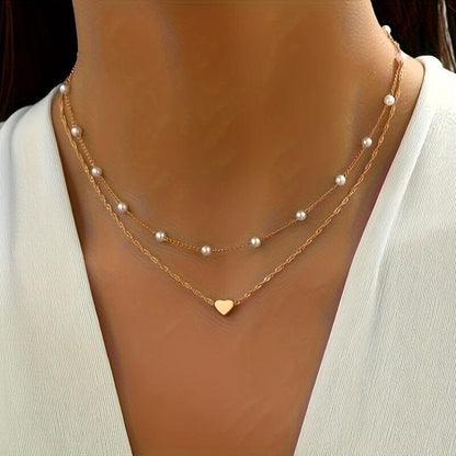 Double Necklace With Pearls And Heart Pendant Belleza & Glamour Golden 