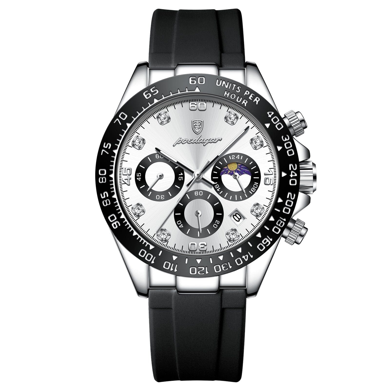 Watch Poedagar Chronograph Fase Date Relogio 04 Belleza & Glamour Silver White 